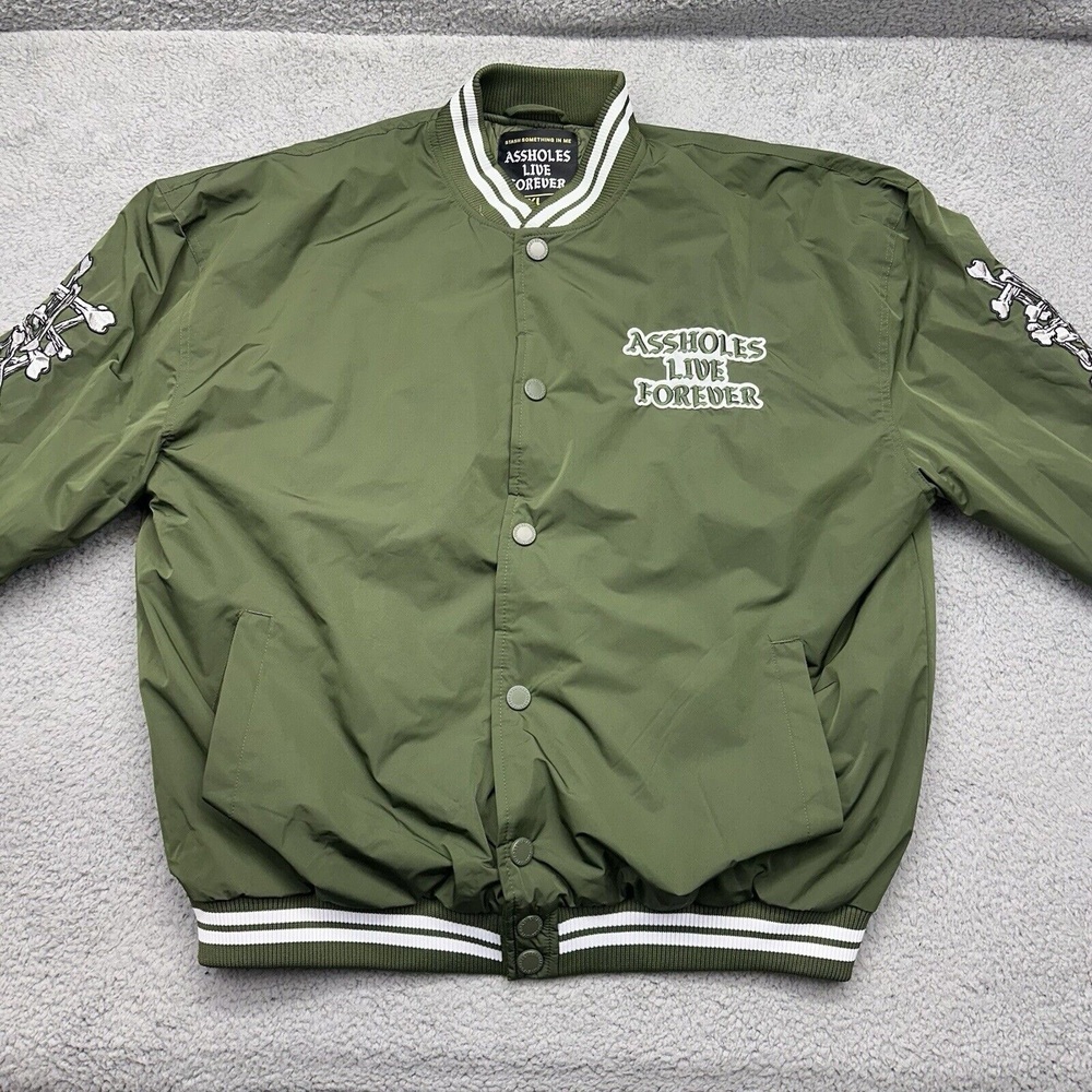 A**holes‎ Live Forever Mens XL Green Varsity Polyester Bomber Jacket Puffer Coat - Picture 8 of 10